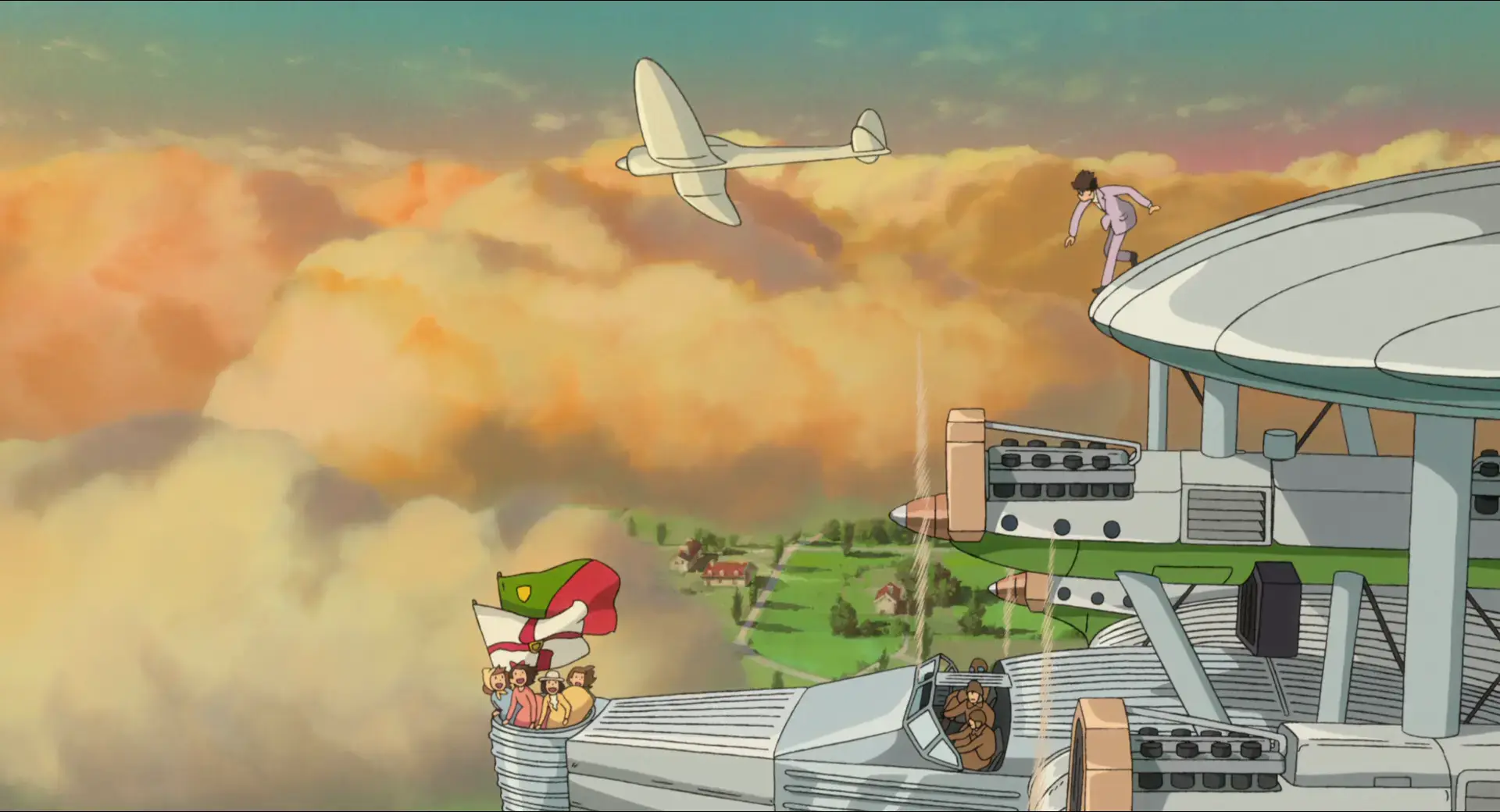 An illustrated airship flying above golden clouds